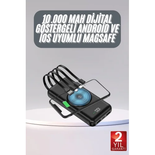Mey İthalat® Kablosuz Çoklu Şarj Girişli 10.000 Mah Kablolu Powerbank Taşınabilir