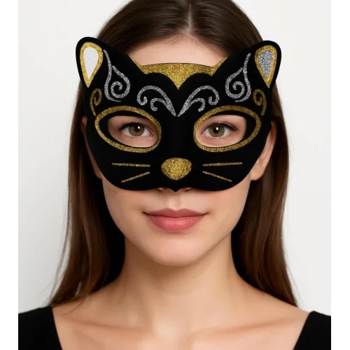 Mey İthalat® Kadife Dokulu Sim Detaylı Işıltılı Kedi Maskesi Altın Gümüş 20x13 cm