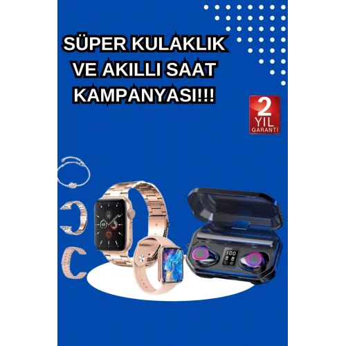 Mey İthalat® Kadınlar İçin 3 Kordonlu Akıllı Saat ve Dijital Göstergeli Powerbankli Bluetooth Kulaklık Dokunmatik Kontrol