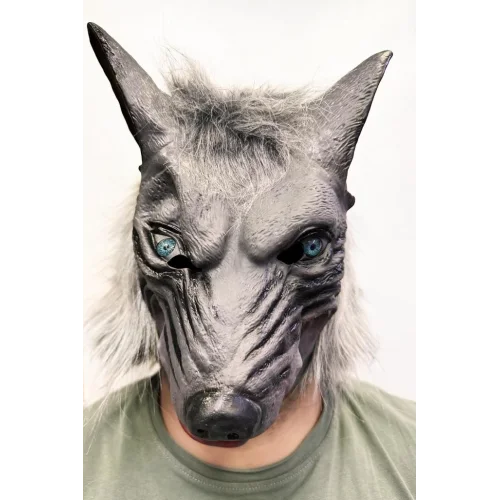 Mey İthalat® Kafaya Tam Geçmeli Lateks Mavi Gözlü Dişli Ağzı Açık Kurt Maskesi