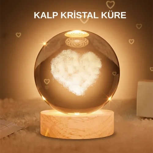 Mey İthalat® Kalpli Işıklı Cam Küre Ahşap Standlı Dekoratif Gece Lambası