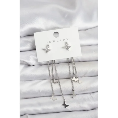 Mey İthalat® Kelebek Model Gümüş Renk Pirinç Sallantılı Kadın Küpe