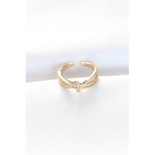 Mey İthalat® Kıvrım Model Gold Renk Zirkon Taşlı Ayarlanabilir Yüzük