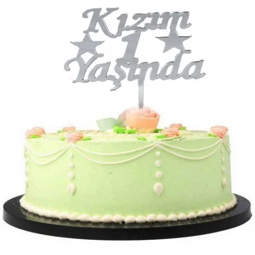 Mey İthalat® Kızım 1 Yaşında İlk Yaş Doğum Günü Partisi Pleksi Pasta Süsü Gümüş Renk