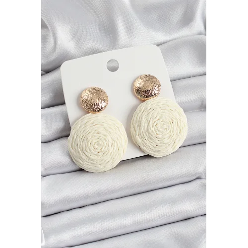 Mey İthalat® Krem Daire Figürlü Hasır Örgü Model Gold Renk Kadın Küpe