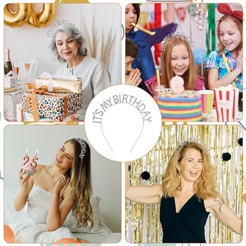 Mey İthalat® Kristal Taşlı Gümüş Renk İt's My Birthday Yazılı Doğum Günü Parti Tacı 14x16 cm