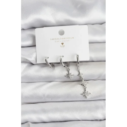 Mey İthalat® Kutup Yıldızı Model Gümüş Renk Pirinç 3lü Kadın Küpe Seti