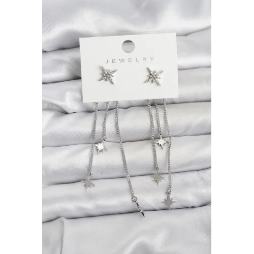 Mey İthalat® Kutup Yıldızı Model Gümüş Renk Pirinç Sallantılı Kadın Küpe