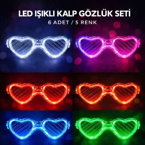 Mey İthalat® LED Işıklı Kalp Pilli Parti Gözlüğü – 6 Adet / 5 Renk Set