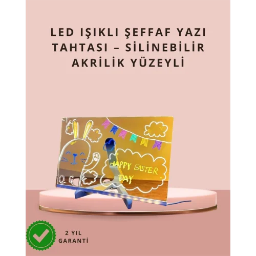 Mey İthalat® LED Işıklı Şeffaf Yazı Tahtası – Neon Etkili Akrilik Pano, Silinebilir, 7 Renkli Kalemli, 30x20 cm