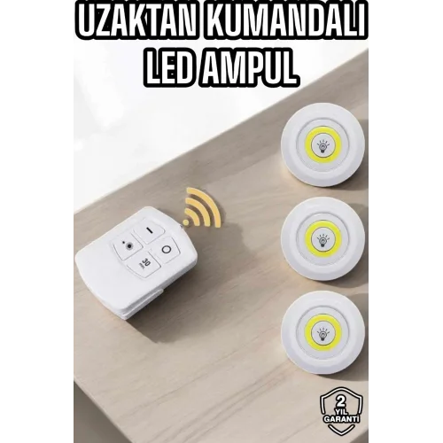Mey İthalat® Led Lamba 3lü Uzaktan Kumandalı Yapışkanlı Beyaz Işık