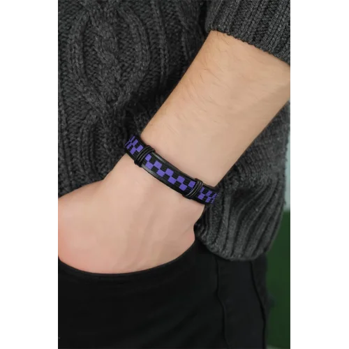 Mey İthalat® Mor Renk Damalı Deri Erkek Bileklik