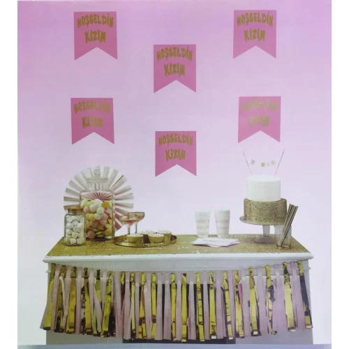 Mey İthalat® Pembe Üzeri Altın Hoşgeldin Kızım Flama Süs