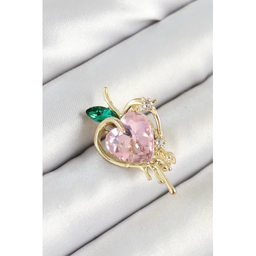 Mey İthalat® Pembe Ve Yeşil Zirkon Taşlı 3D Eriyen Kalp Figürlü Gold Renk Kadın Broş
