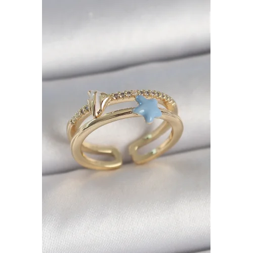 Mey İthalat® Pirinç Gold Renk 2Li Zirkon Taşlı Mavi Yıldız Figür Ayarlanabilir Kadın Yüzük