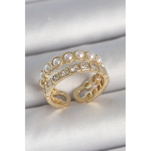 Mey İthalat® Pirinç Gold Renk 2Li Zirkon Taşlı Ve İncili Ayarlanabilir Kadın Yüzük