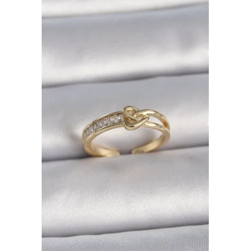 Mey İthalat® Pirinç Gold Renk Ayarlanabilir Zirkon Taşlı Düğüm Kalp Model Kadın Yüzük