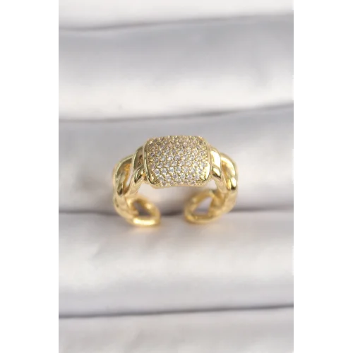 Mey İthalat® Pirinç Gold Renk Ayarlanabilir Zirkon Taşlı Kadın Yüzük