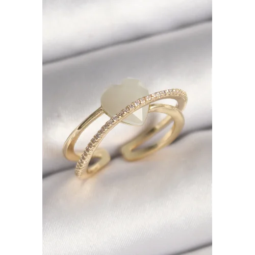 Mey İthalat® Pirinç Gold Renk Beyaz Kristal Kalp Model Zirkon Taş Detay Kadın Yüzük