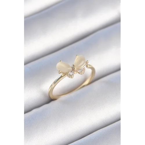 Mey İthalat® Pirinç Gold Renk Beyaz Mineli Zirkon Taşlı Kelebek Model Kadın Yüzük