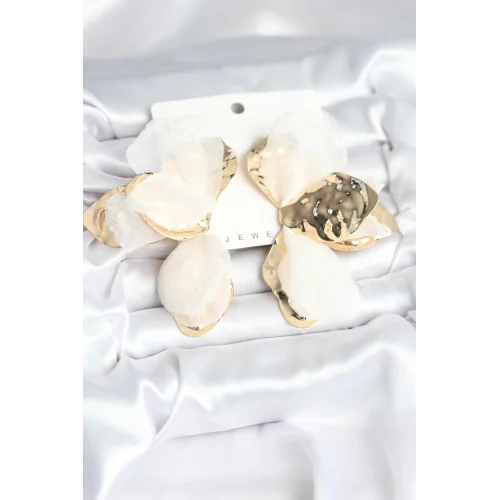 Mey İthalat® Pirinç Gold Renk Beyaz Tüllü Lotus Kadın Küpe