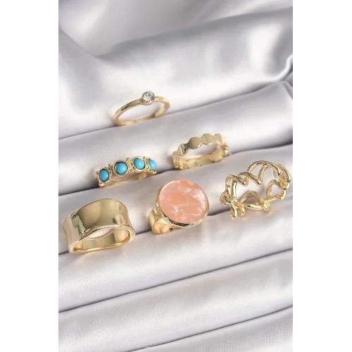 Mey İthalat® Pirinç Gold Renk Daire Pembe Mineli Zirkon Taş Detaylı 6Lı Kadın Yüzük Seti