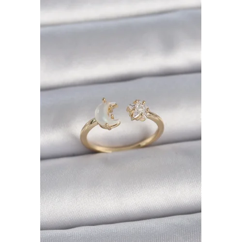 Mey İthalat® Pirinç Gold Renk İncili Hilal Zirkon Taşlı Yıldız Ayarlanabilir Model Kadın Yüzük