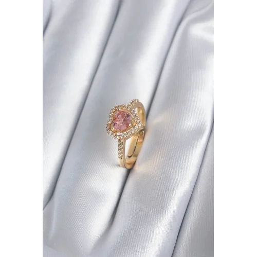 Mey İthalat® Pirinç Gold Renk Pembe Zirkon Taş Kalp Charm Model Kadın Yüzük
