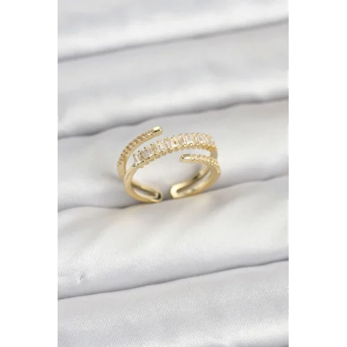 Mey İthalat® Pirinç Gold Renk Sıralı Baget Zirkon Taşlı Kadın Yüzük