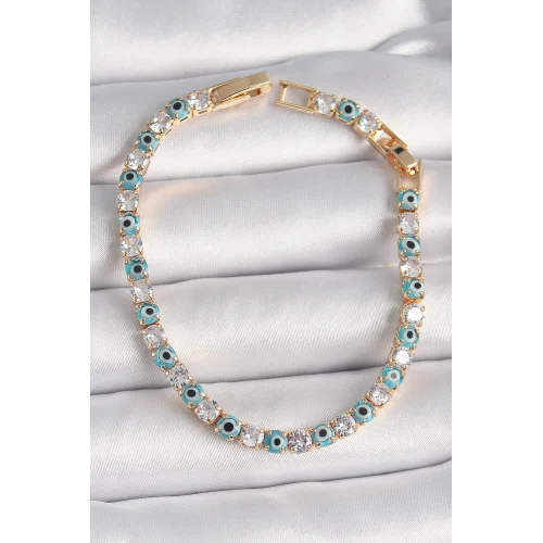 Mey İthalat® Pirinç Gold Renk Su Yolu Zirkon Taşlı Nazar Boncuklu Kadın Bileklik