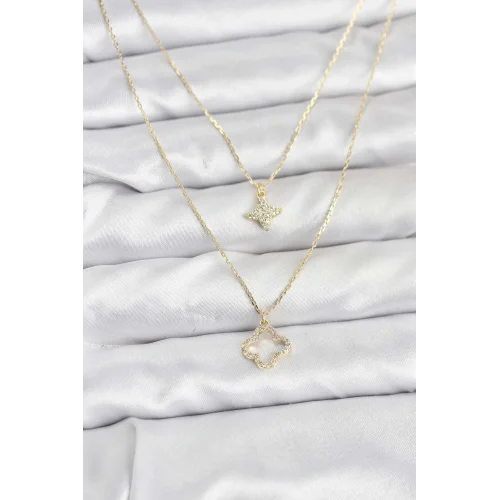 Mey İthalat® Pirinç Gold Renk Yonca Model 2li Kadın Kolye