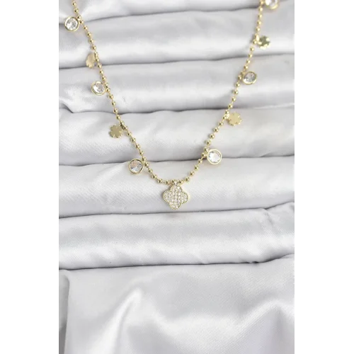 Mey İthalat® Pirinç Gold Renk Yonca Model Kadın Kolye