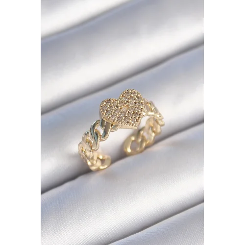 Mey İthalat® Pirinç Gold Renk Zincir Kordon Zirkon Taşlı Kalp Model Kadın Yüzük