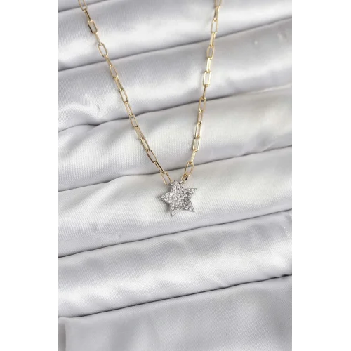 Mey İthalat® Pirinç Gold Renk Zincirli Zirkon Taşlı Minimal Yıldız Model Kadın Kolye