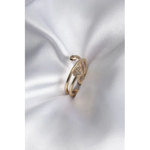 Mey İthalat® Pirinç Gold Renk Zirkon Taş Detay Kalp Model Kadın Yüzük