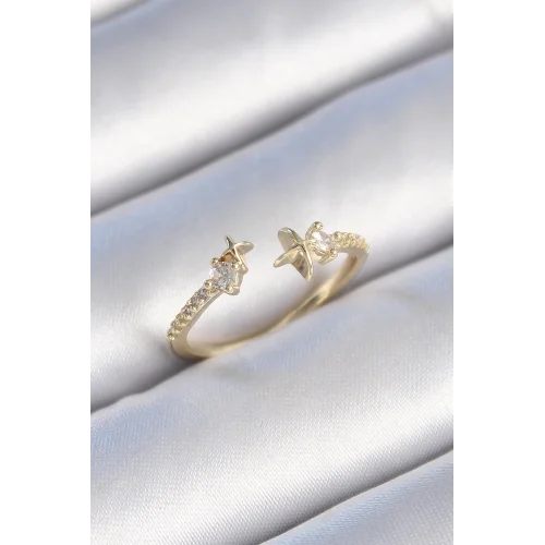 Mey İthalat® Pirinç Gold Renk Zirkon Taş Detay Yıldız Model Kadın Yüzük