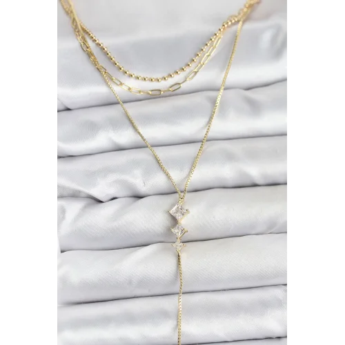 Mey İthalat® Pirinç Gold Renk Zirkon Taş Detaylı 3lü Kombin Y Kadın Kolye