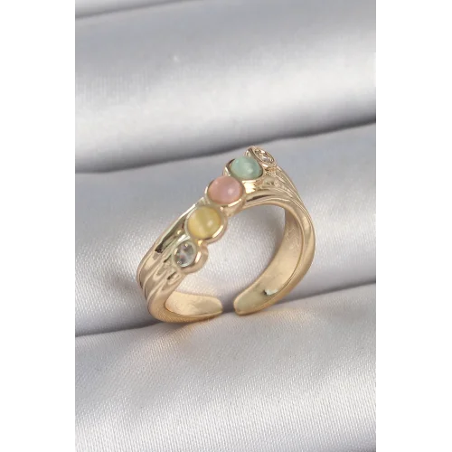 Mey İthalat® Pirinç Gold Renk Zirkon Taş Detaylı Karışık Mineli Ayarlanabilir Kadın Yüzük