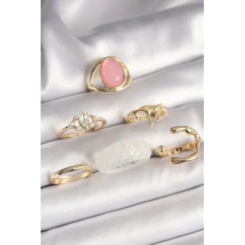 Mey İthalat® Pirinç Gold Renk Zirkon Taş Detaylı Pembe Mineli 6Lı Kadın Yüzük Seti