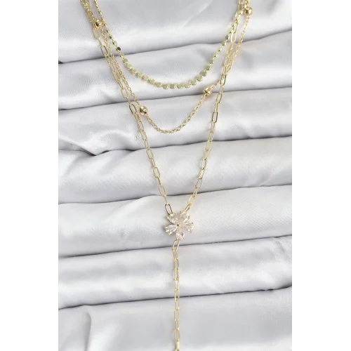 Mey İthalat® Pirinç Gold Renk Zirkon Taşlı Çiçek Model Detaylı 3lü Kombin Y Kadın Kolye