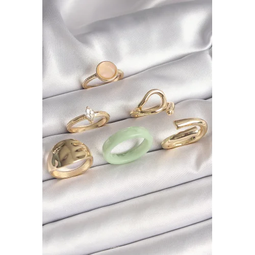 Mey İthalat® Pirinç Gold Renk Zirkon Taşlı Daire Pembe Mineli Detay 6Lı Kadın Yüzük Seti