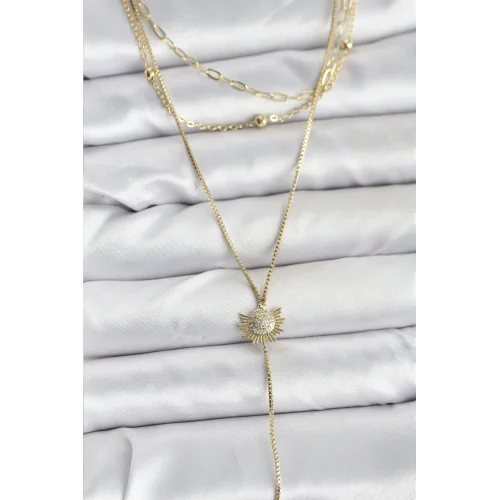 Mey İthalat® Pirinç Gold Renk Zirkon Taşlı Güneş Model Detaylı 3lü Kombin Y Kadın Kolye