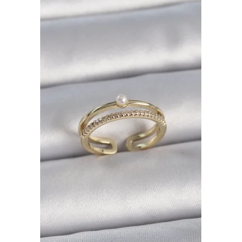 Mey İthalat® Pirinç Gold Renk Zirkon Taşlı İnci Detay Ayarlanabilir Model Kadın Yüzük