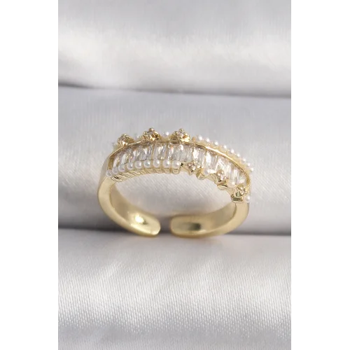 Mey İthalat® Pirinç Gold Renk Zirkon Taşlı İnci Detay VIP Seri Kadın Yüzük