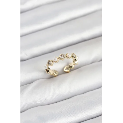 Mey İthalat® Pirinç Gold Renk Zirkon Taşlı İncili Kadın Yüzük