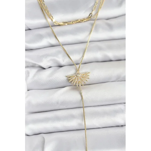 Mey İthalat® Pirinç Gold Renk Zirkon Taşlı Yelpaze Model Detaylı 3lü Kombin Y Kadın Kolye