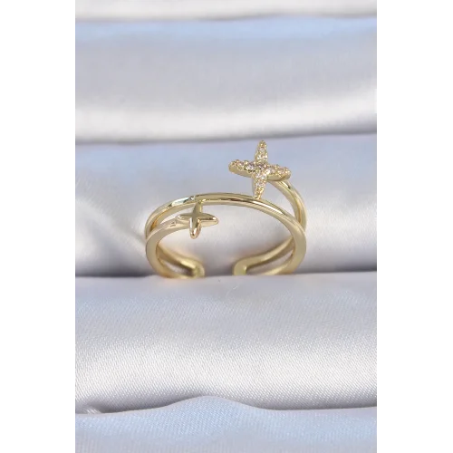 Mey İthalat® Pirinç Gold Renk Zirkon Taşlı Yıldız Model Kadın Yüzük