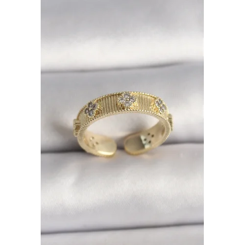 Mey İthalat® Pirinç Gold Renk Zirkon Taşlı Yonca İşlemeli Ayarlanabilir Yüzük