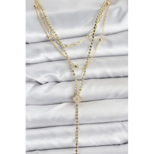 Mey İthalat® Pirinç Gold Renk Zirkon Taşlı Yonca Model Detaylı 3lü Kombin Y Kadın Kolye