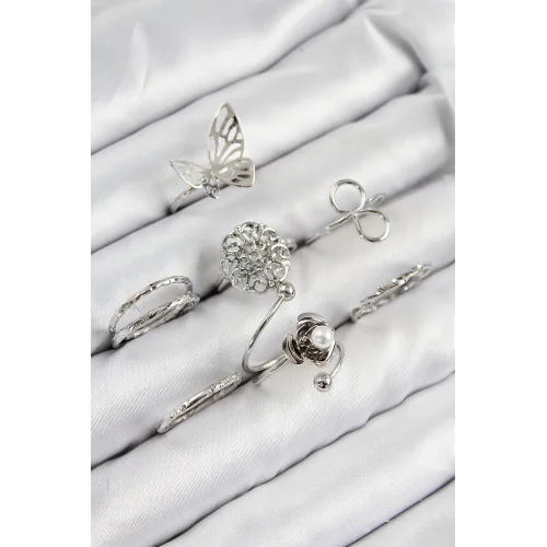 Mey İthalat® Pirinç Gül Kelebek Model Gümüş Renk Kadın Yüzük Kombin Set